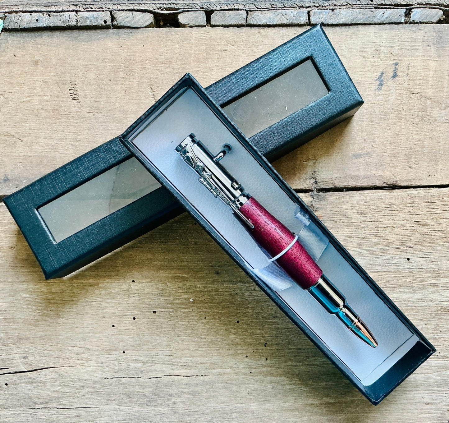 .30 Cal Bolt Action Pen Chrome and Puple Heart Wood