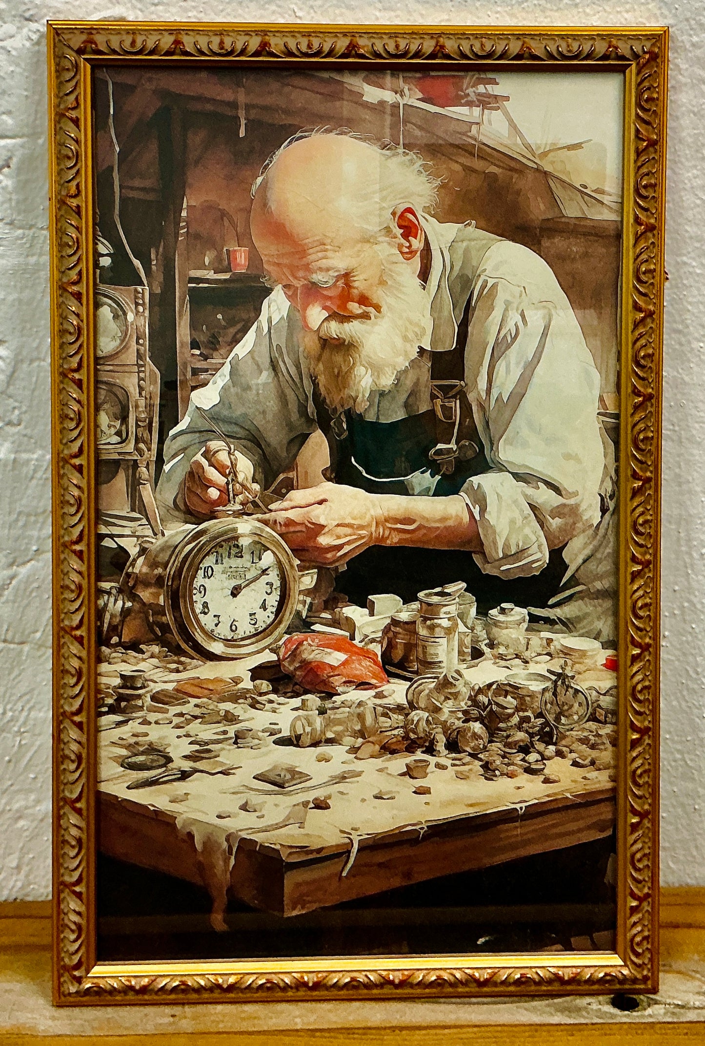 Man Tinkering with Clocks Framed Wall Art