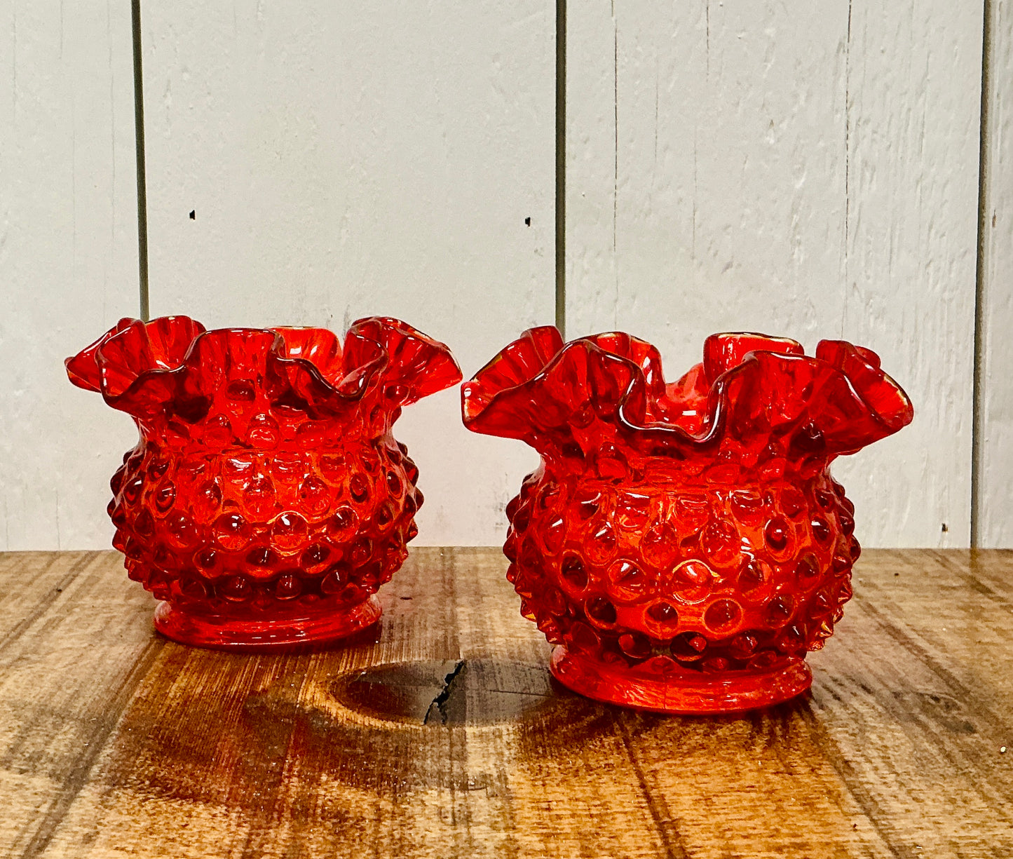 Vintage Amberina Red Orange Ruffles Edged Thumbprint Glass Votive pair