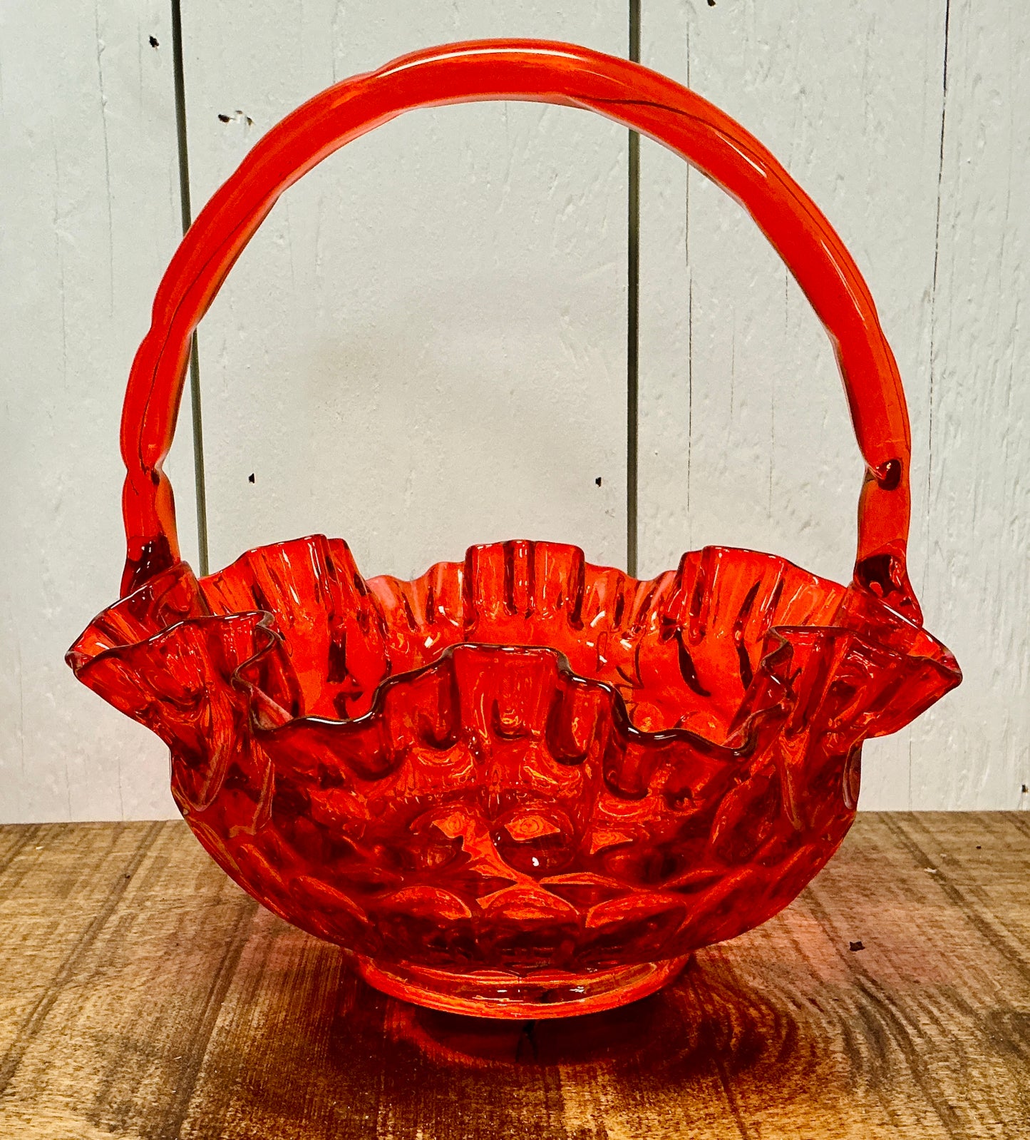 Vintage Amberina Red Orange Ruffles Edged Thumbprint Glass Basket