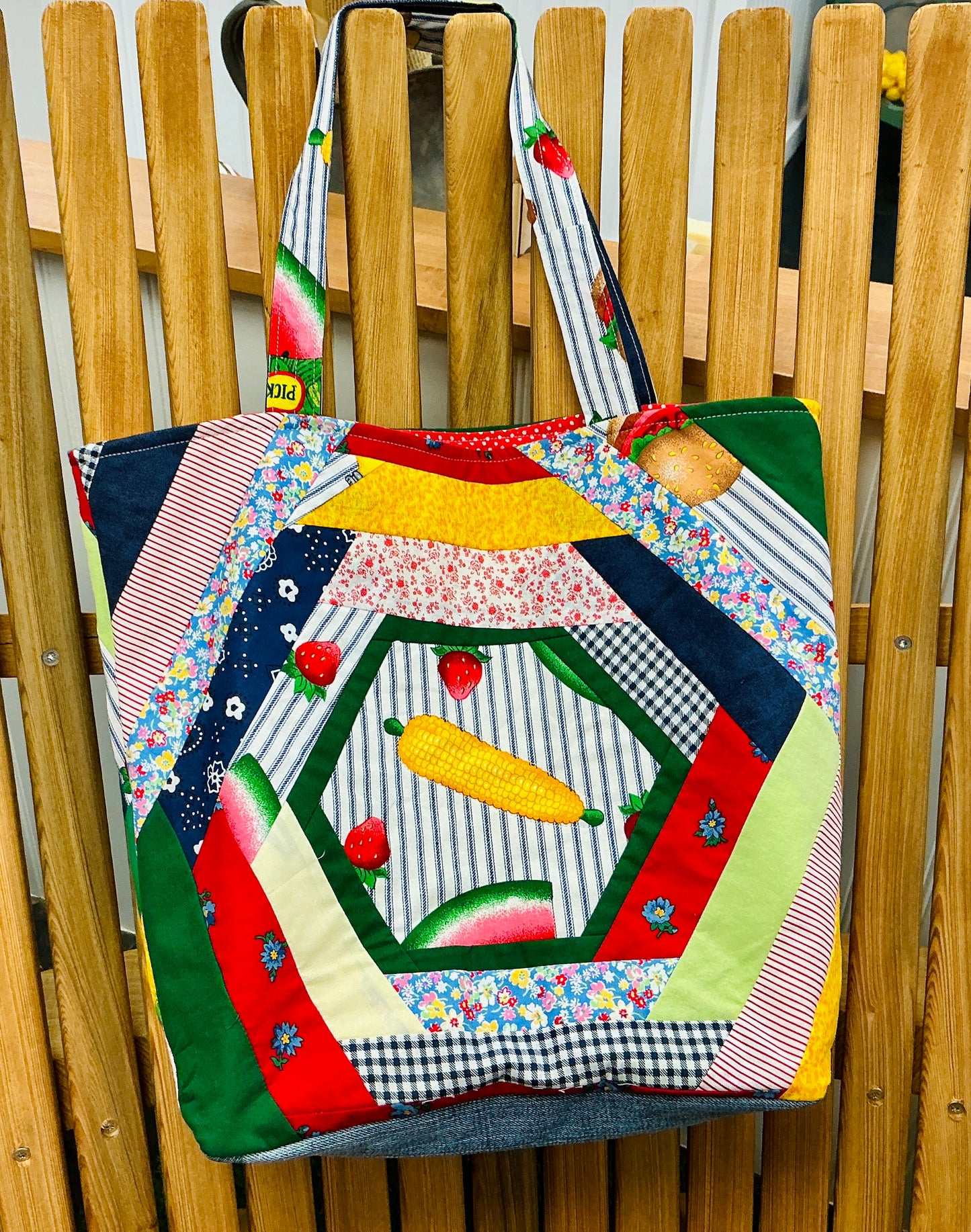 Quilted Market Tote Bag made with Up-cycled Denim & Fabric 2