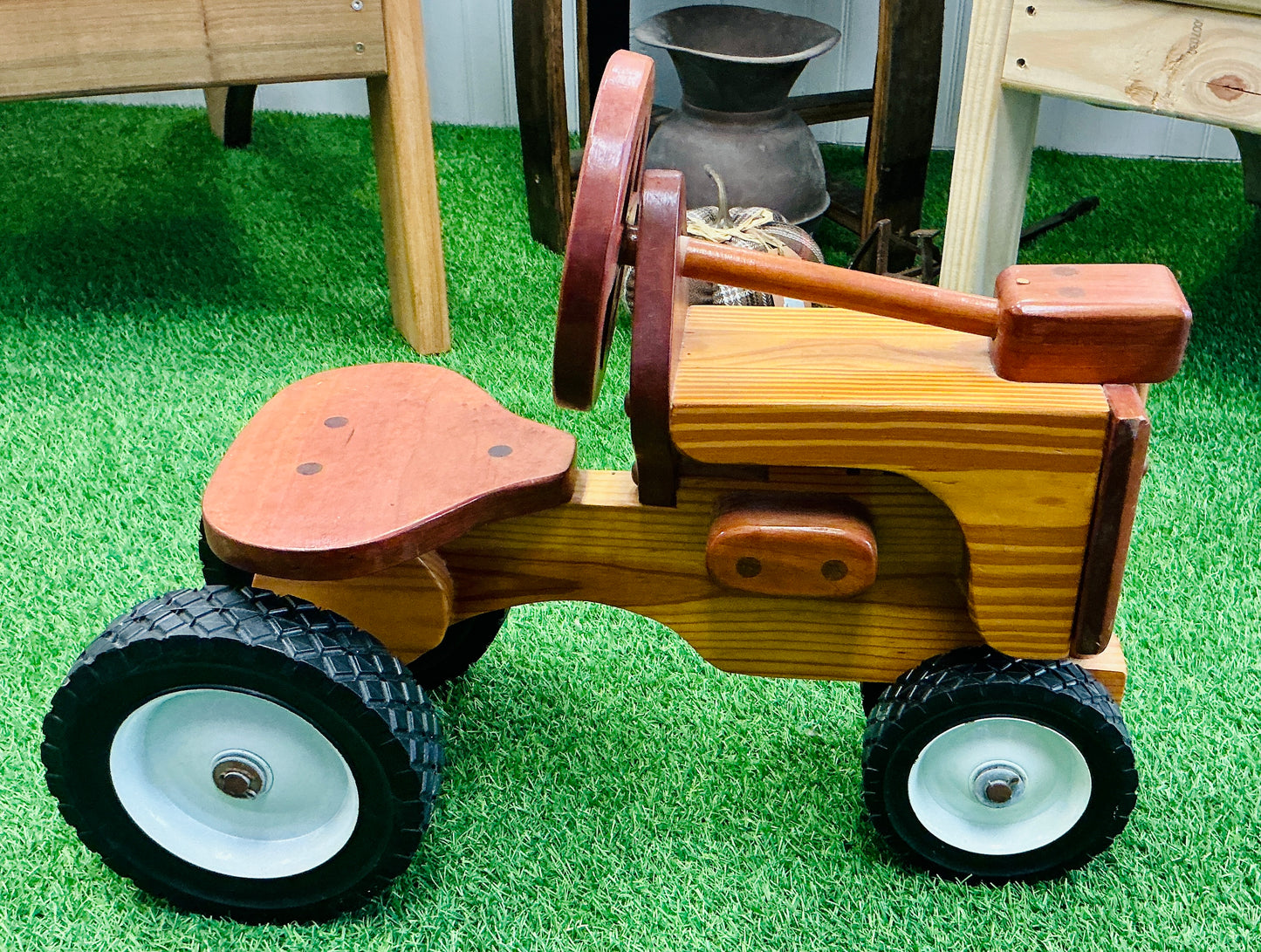 Vintage Handmade Wood Ride-On Tractor