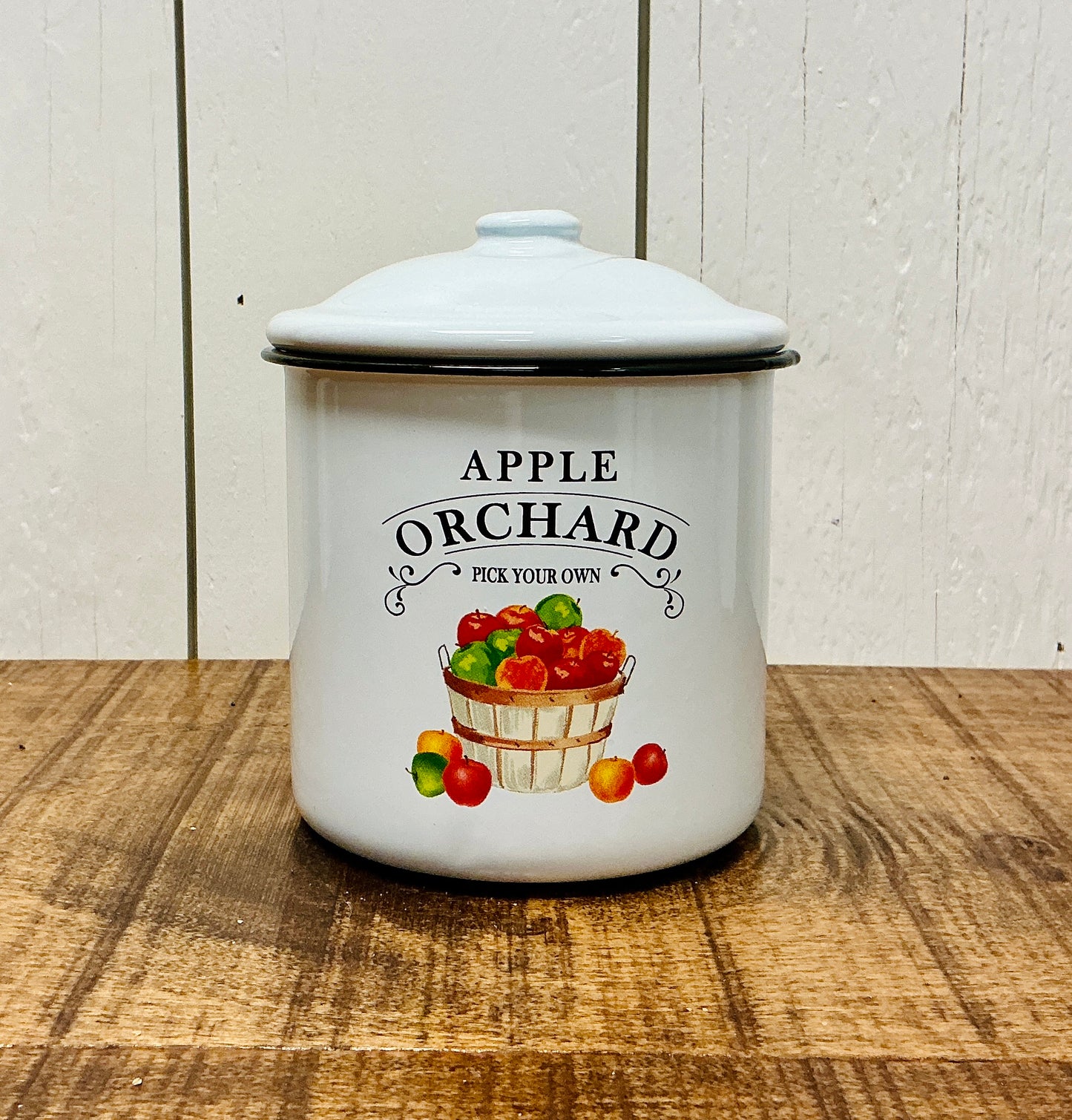 Farmhouse Enamel Canister with Black Rim, Featuring Apple Orchard theme