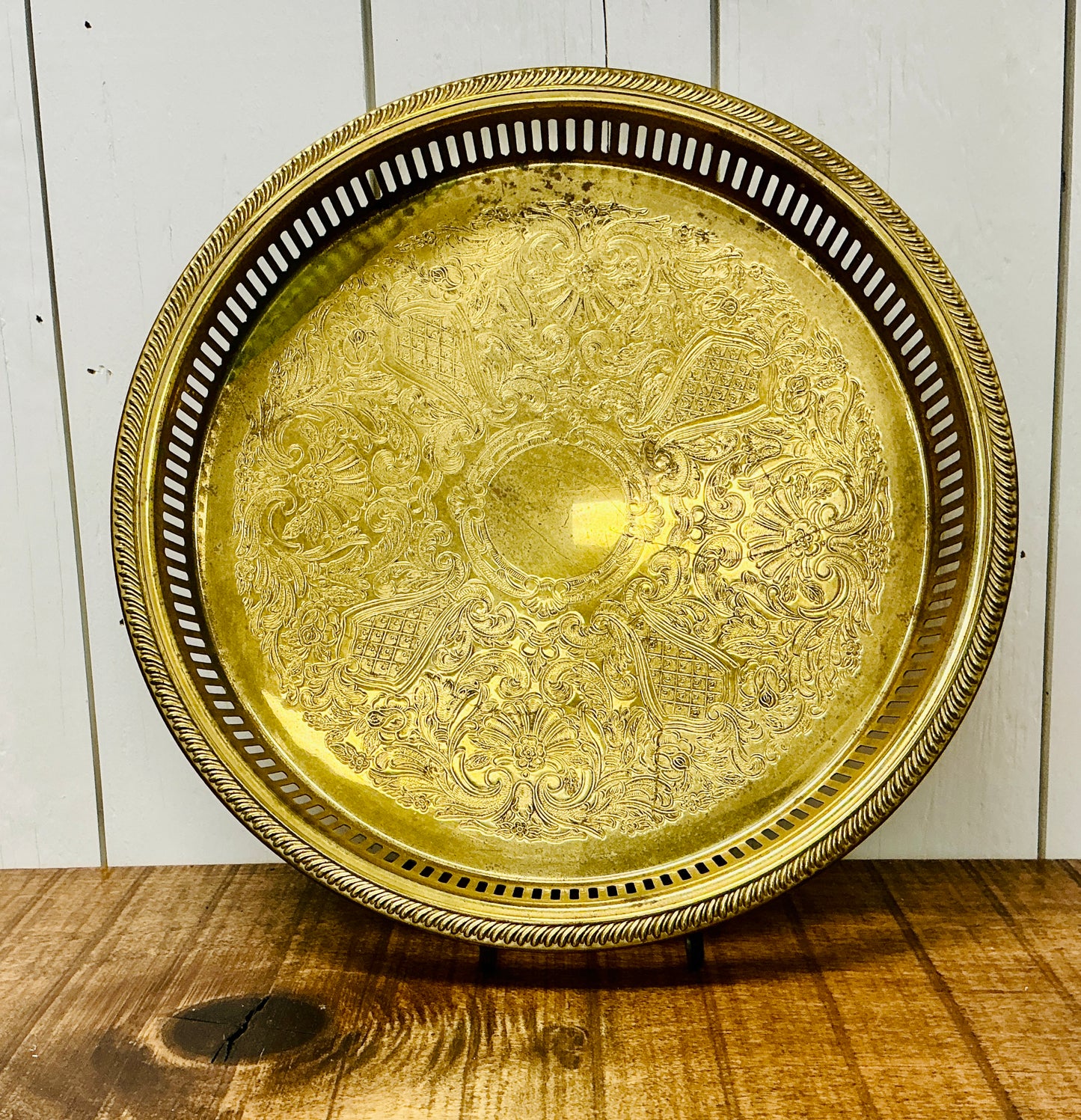 Vintage Etched Brass Serving Tray