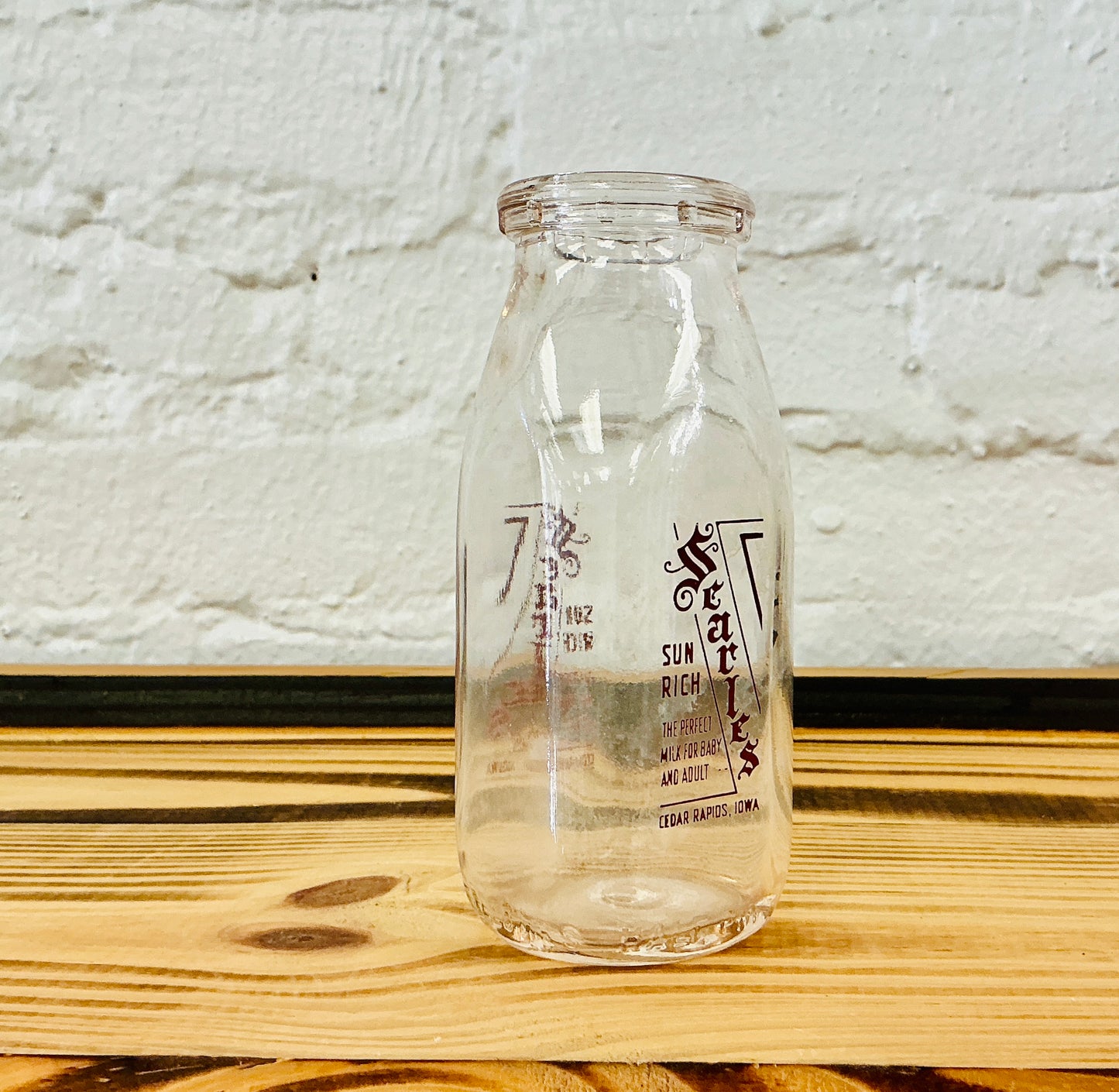 Vintage Milk Bottle, Half Pint, Printed with Sun Rich Searles