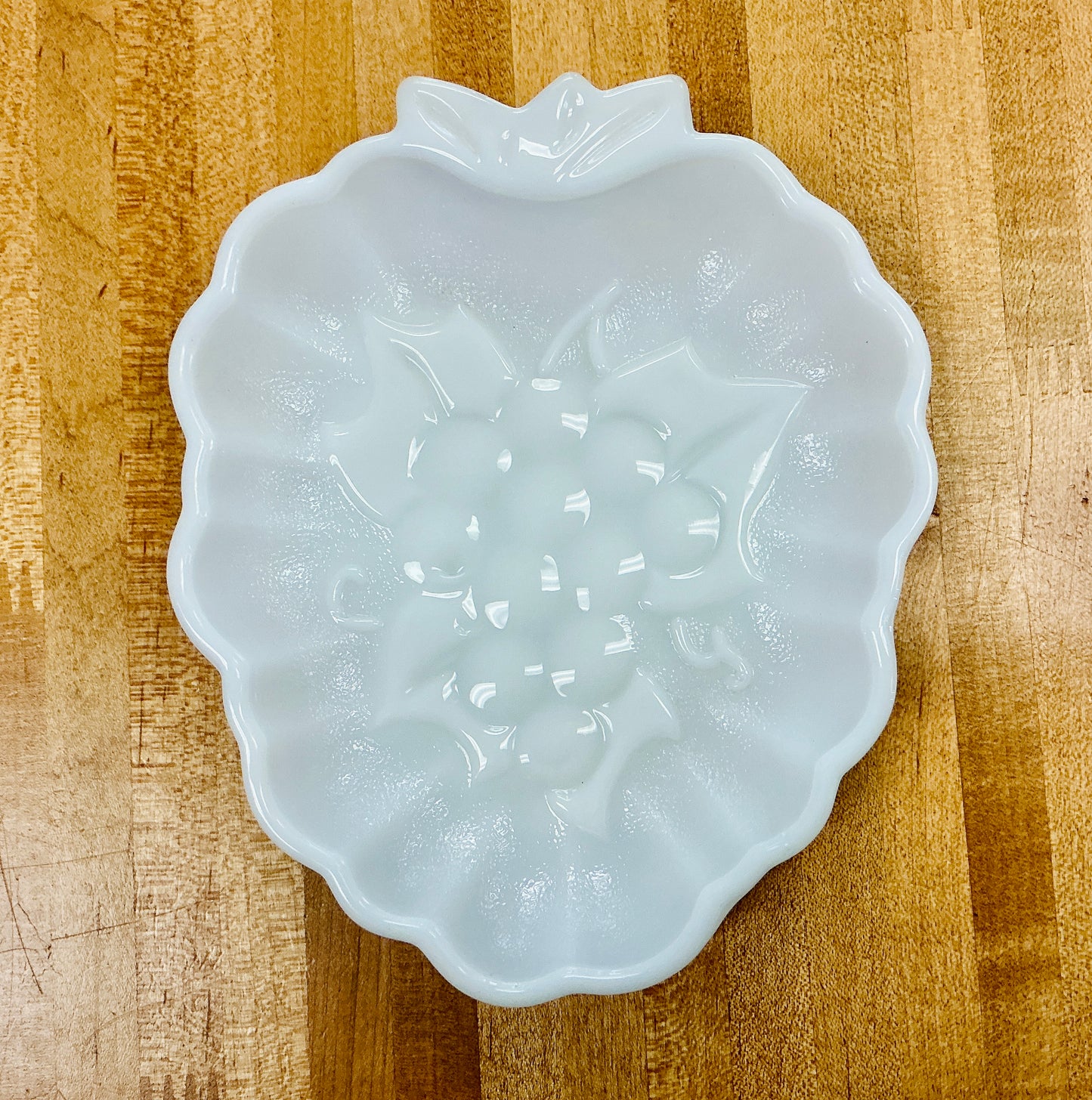 Vintage Hazel Atlas Milk Glass Candy Dish with Embossed Grape Design, vintage one-of-a-kind find from Monticello Soap Company