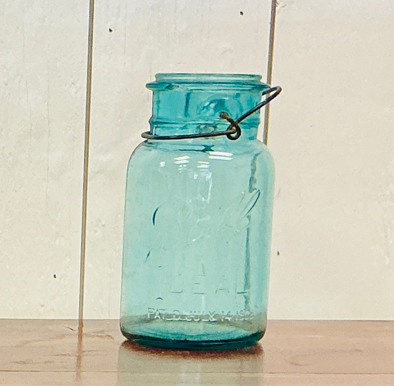 Vintage Ball Mason Quart Jar Aqua Glass with Wire Bail Closure, vintage one-of-a-kind find from Monticello Soap Company