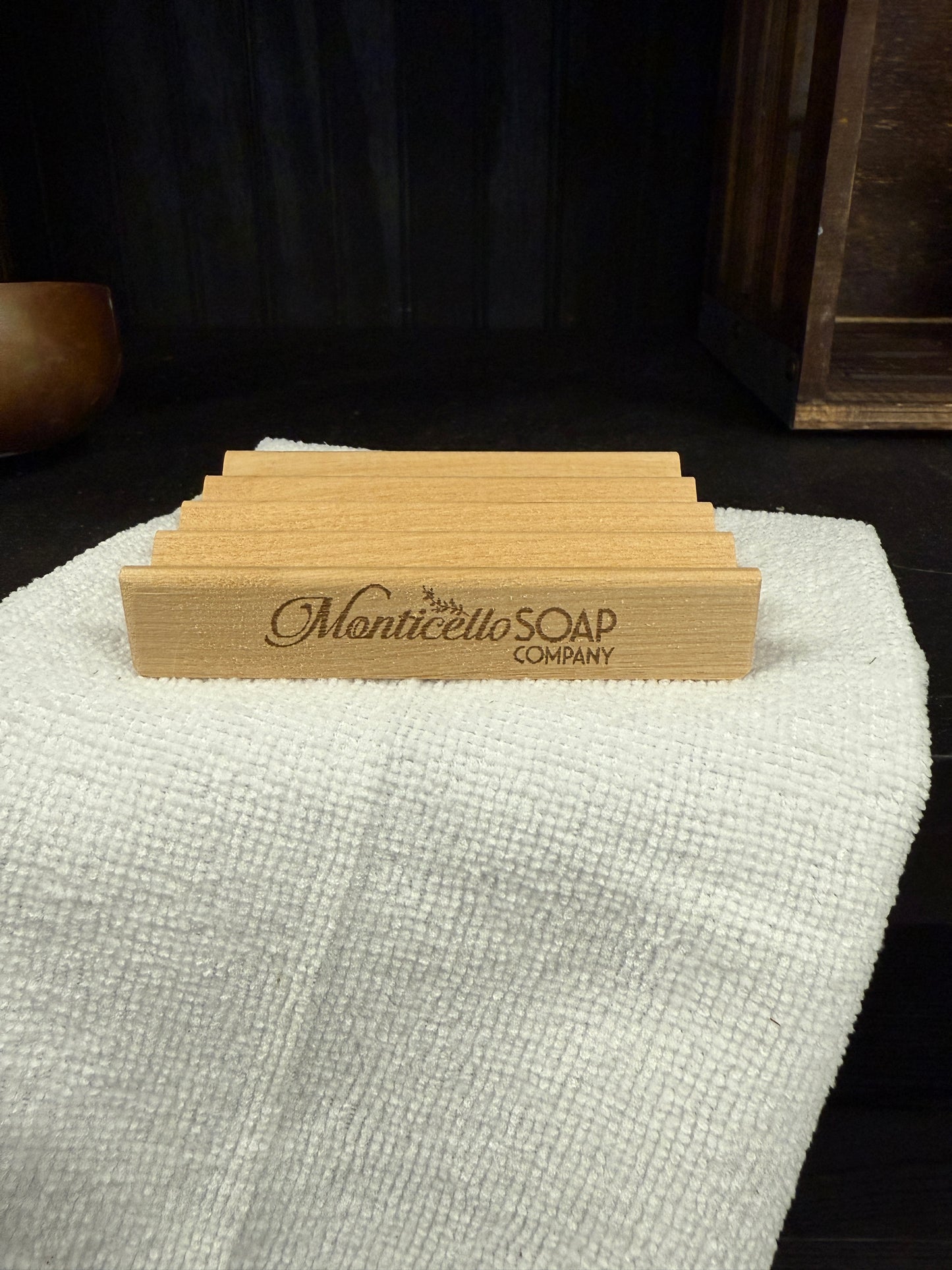 Alder Wood Soap Dish with Embossed with Monticello Soap Company