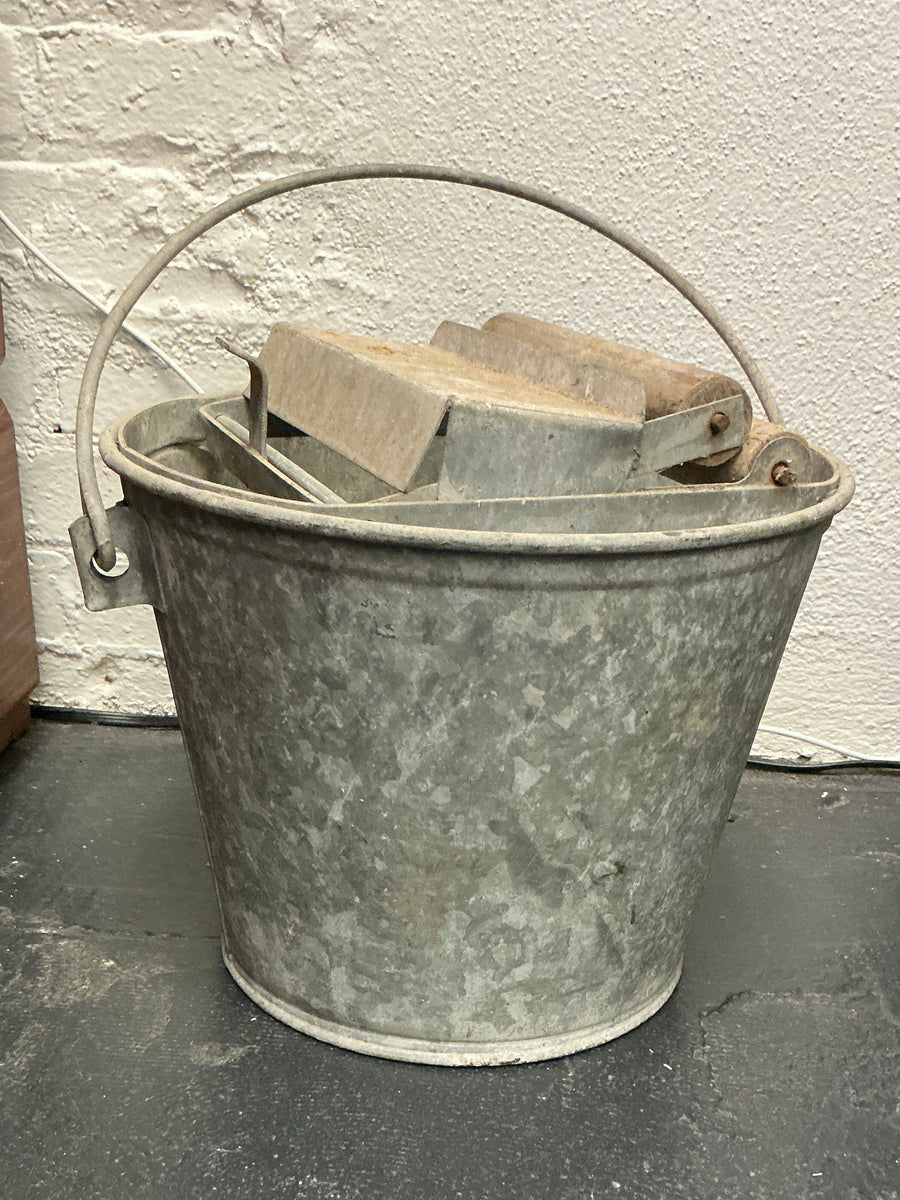 Vintage Galvanized Mop Bucket with Wooden Roller Wringer