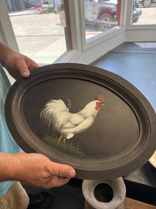 Vintage White Rooster Painting on Black Oval Frame