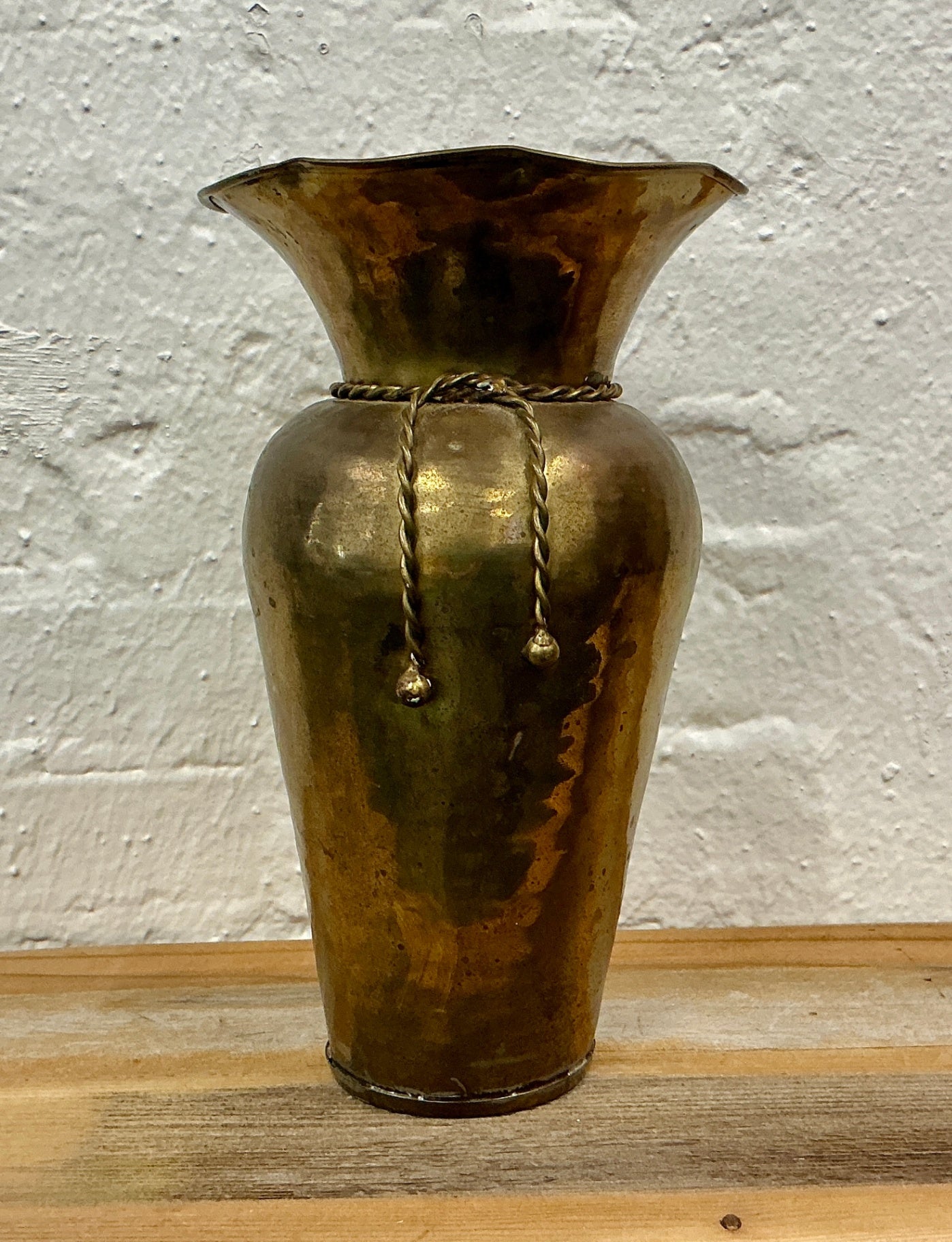 Vintage Hammered Brass Vase with Ruffle Rim and Rope Tassel