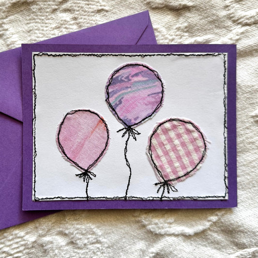 Scrappy Fabric Greeting Card - Pink/Purple Balloons