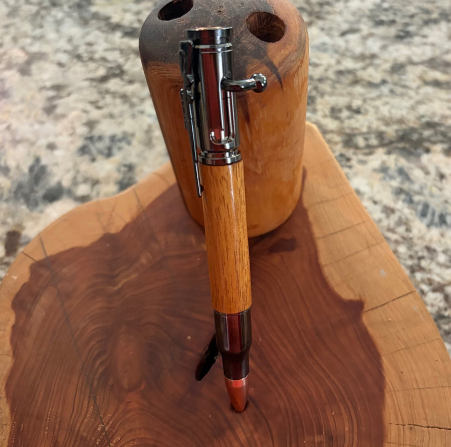 .30 Cal Magnum Bolt Action Pen Natural Wood and Gun Metal Grey