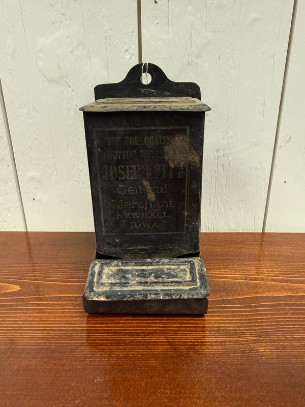 Antique Tin Advertising Match Holder — Joseph Vith, Newhall, Iowa