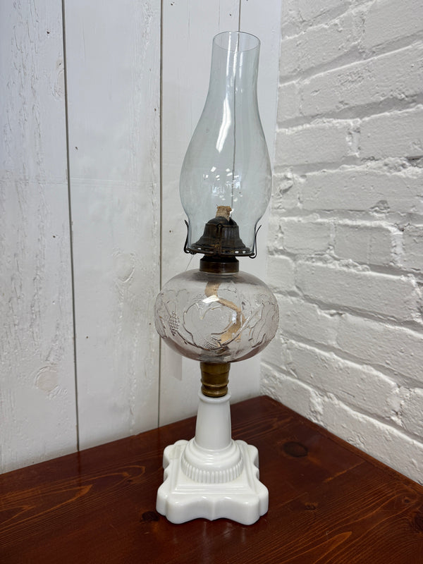Antique Oil Lamp with Milk Glass Base & Embossed Grape Font — Local Pickup Only