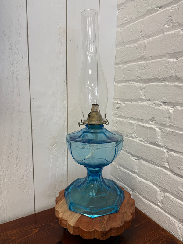 Antique Blue Glass Oil Lamp with Greek Key Detail - Local Pickup Only