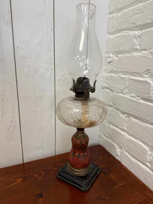 Antique Oil Lamp with Hand-Decorated Red Pottery Base — Local Pickup Only