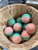 Watermelon Festival Bath Bomb handcrafted by Monticello Soap Company, second view of pink and green festival bath bomb