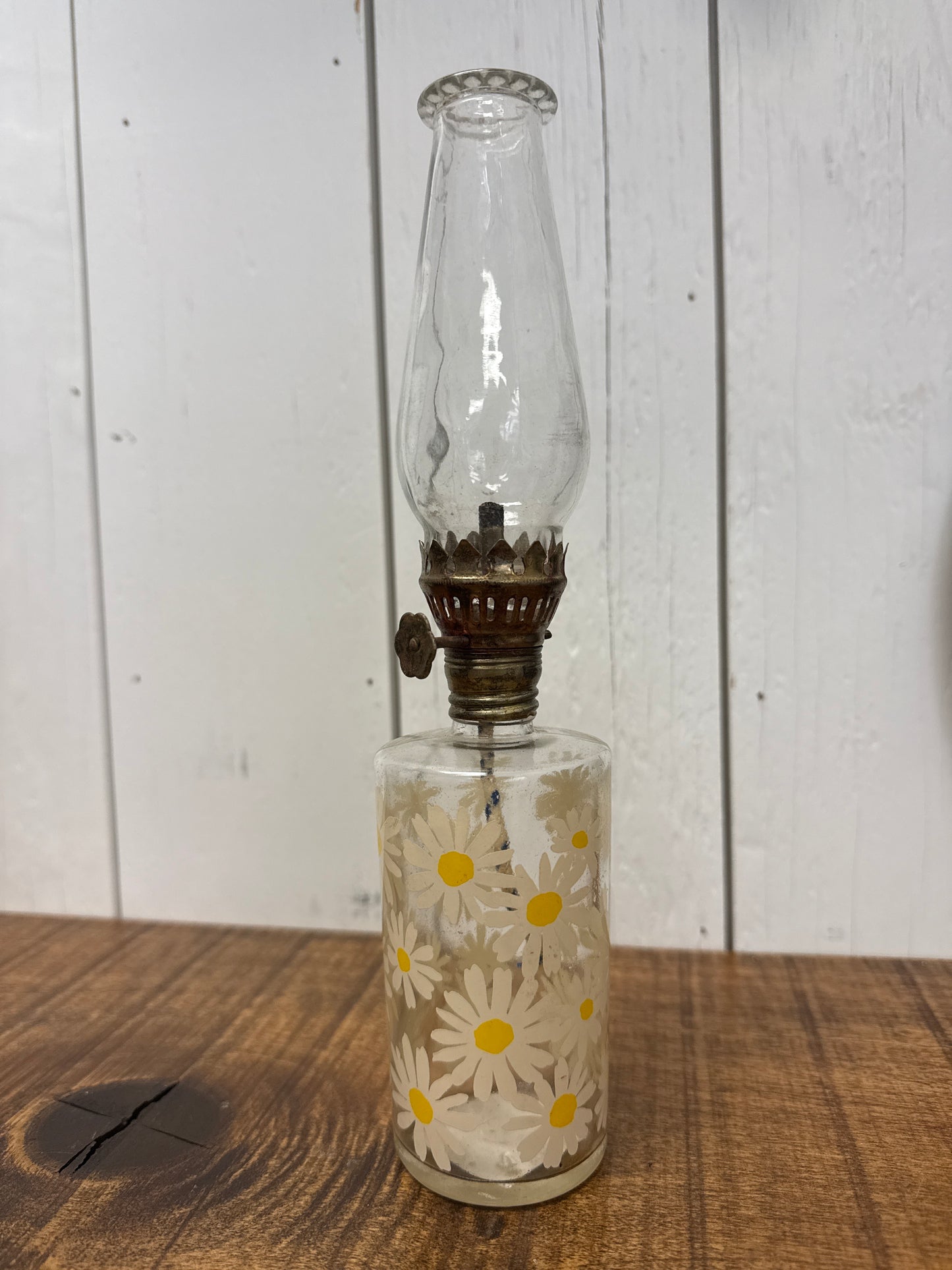 Vintage Miniature Oil Lamp featuring Yellow & White Daisies