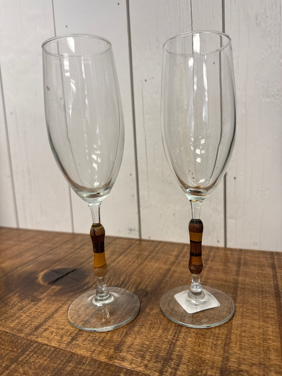 Wine Glasses with Multicolored Wood Stem Detail, Set of 2, vintage one-of-a-kind find from Monticello Soap Company