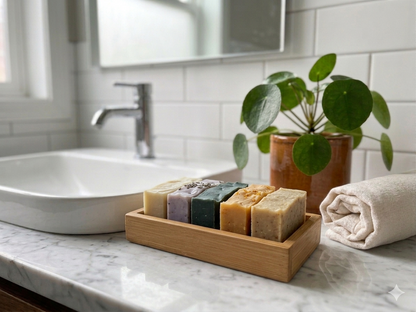 Bamboo cradle tray styled on a bathroom sink