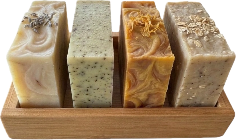 Bamboo cradle tray holding handmade soap bars