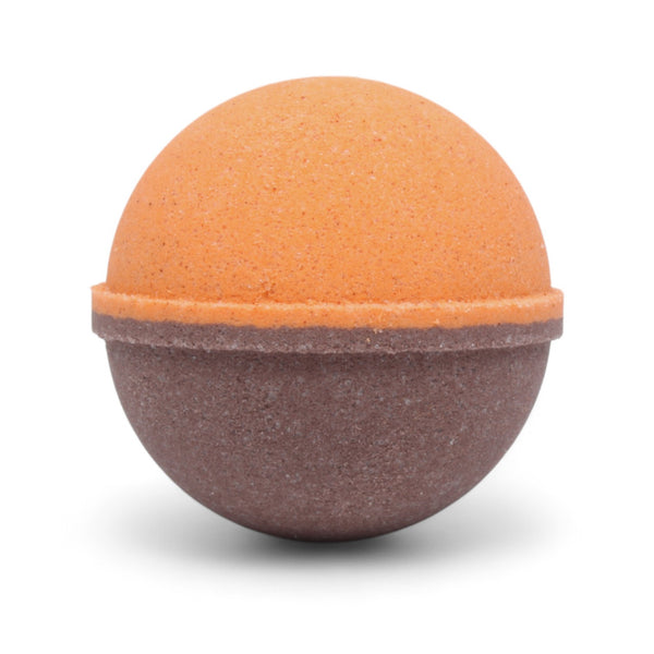 Chocolate Orange Bath Bomb handcrafted by Monticello Soap Company, rich cocoa and bright orange chocolate-dipped fizzy bomb