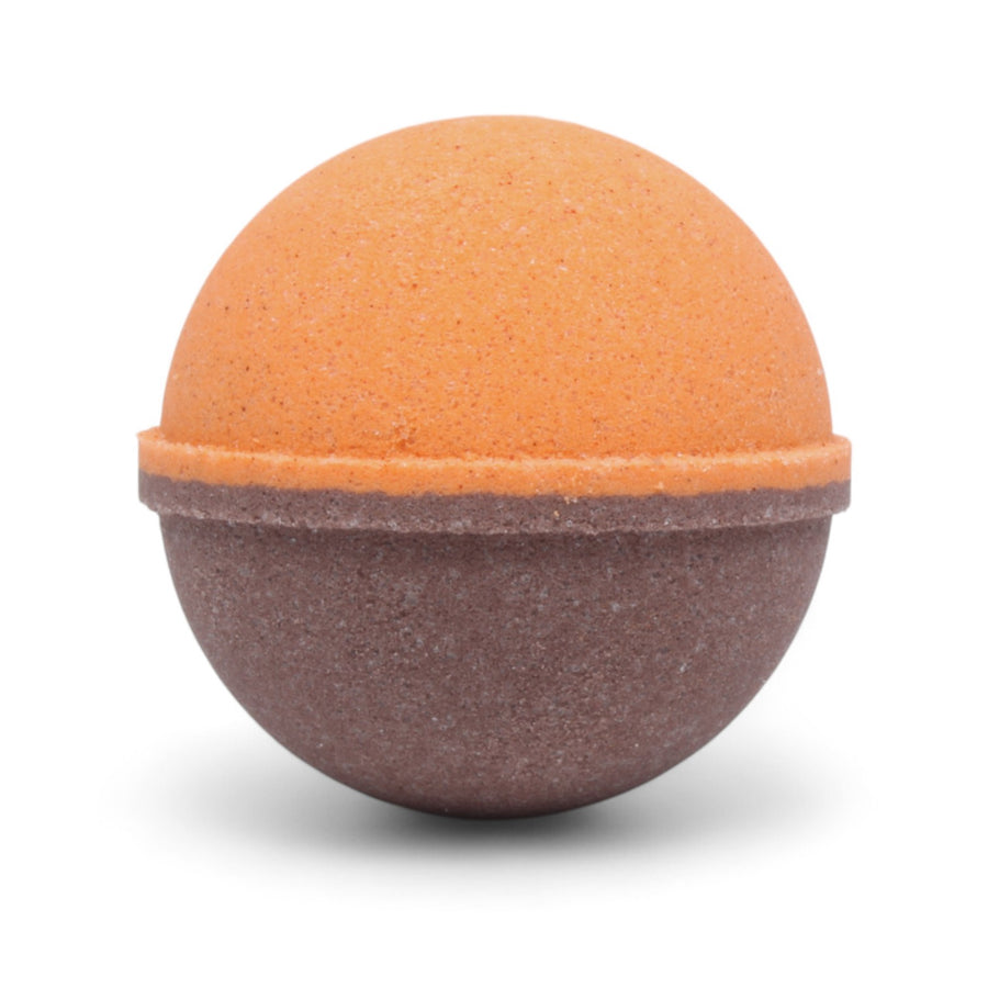 Chocolate Orange Bath Bomb handcrafted by Monticello Soap Company, rich cocoa and bright orange chocolate-dipped fizzy bomb