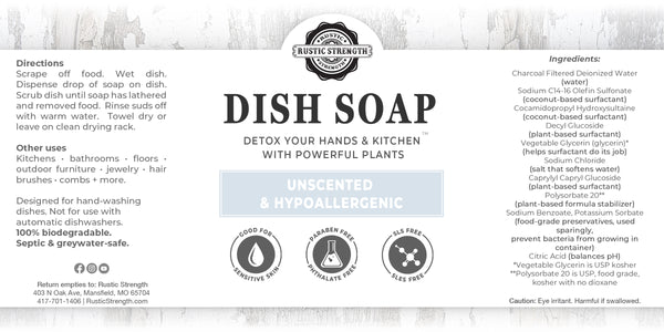 Unscented Liquid Dish Soap by Monticello Soap Company, fragrance-free plant-based 4 oz bottle