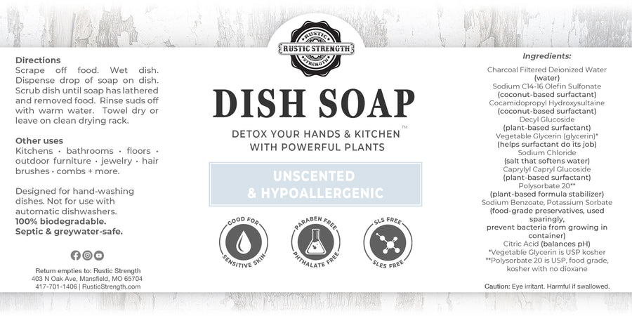 Unscented Liquid Dish Soap by Monticello Soap Company, fragrance-free plant-based 4 oz bottle