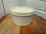 Solid dish soap in an Arctic White ramekin with embossed Geometric Mosaic pattern