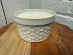 Solid dish soap in an Arctic White ramekin with embossed Honeycomb Hexagon pattern