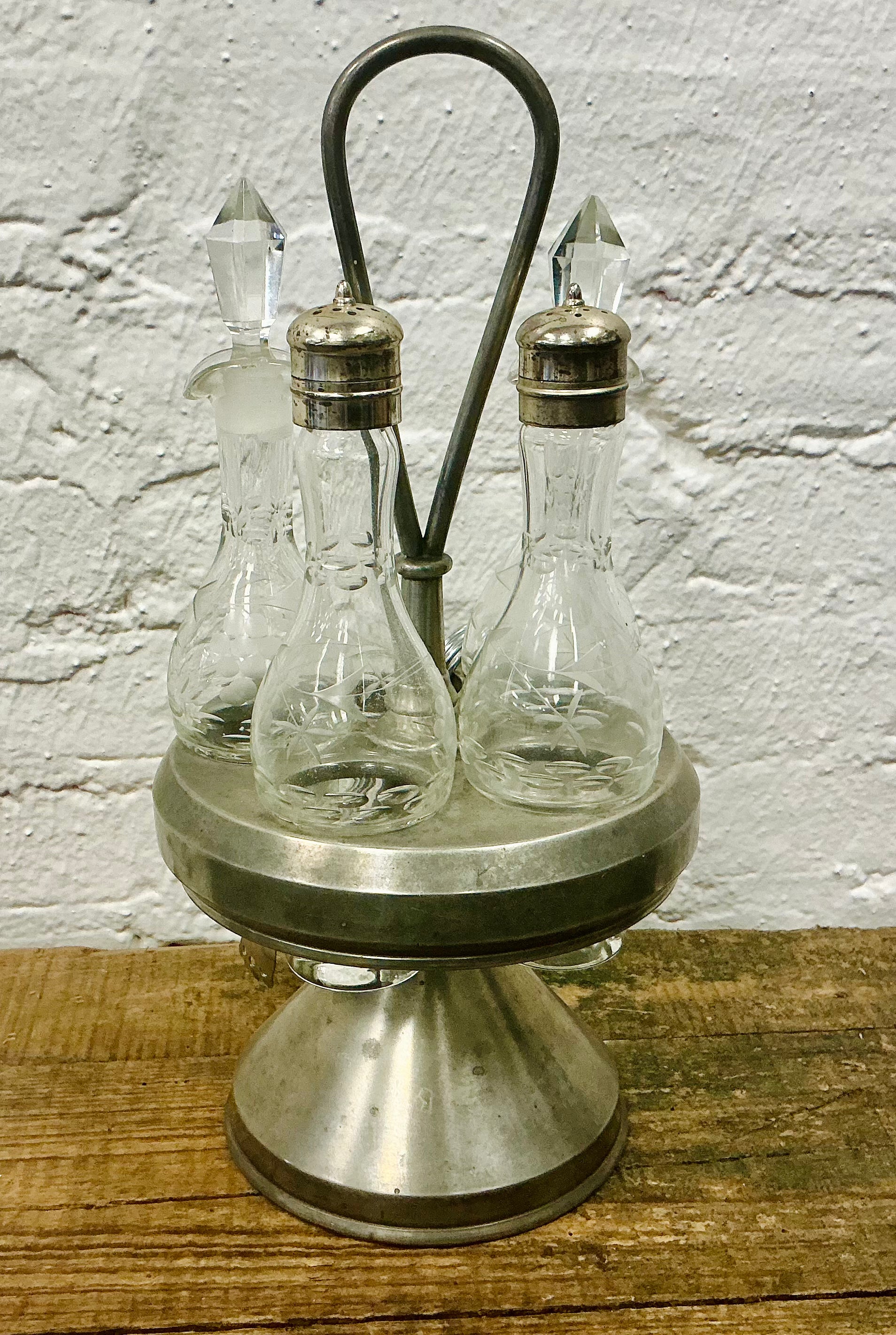 Antique Silver plated Condiment Set with Etched Glass Salt & Pepper Shakers and Oil & Vinegar Bottles