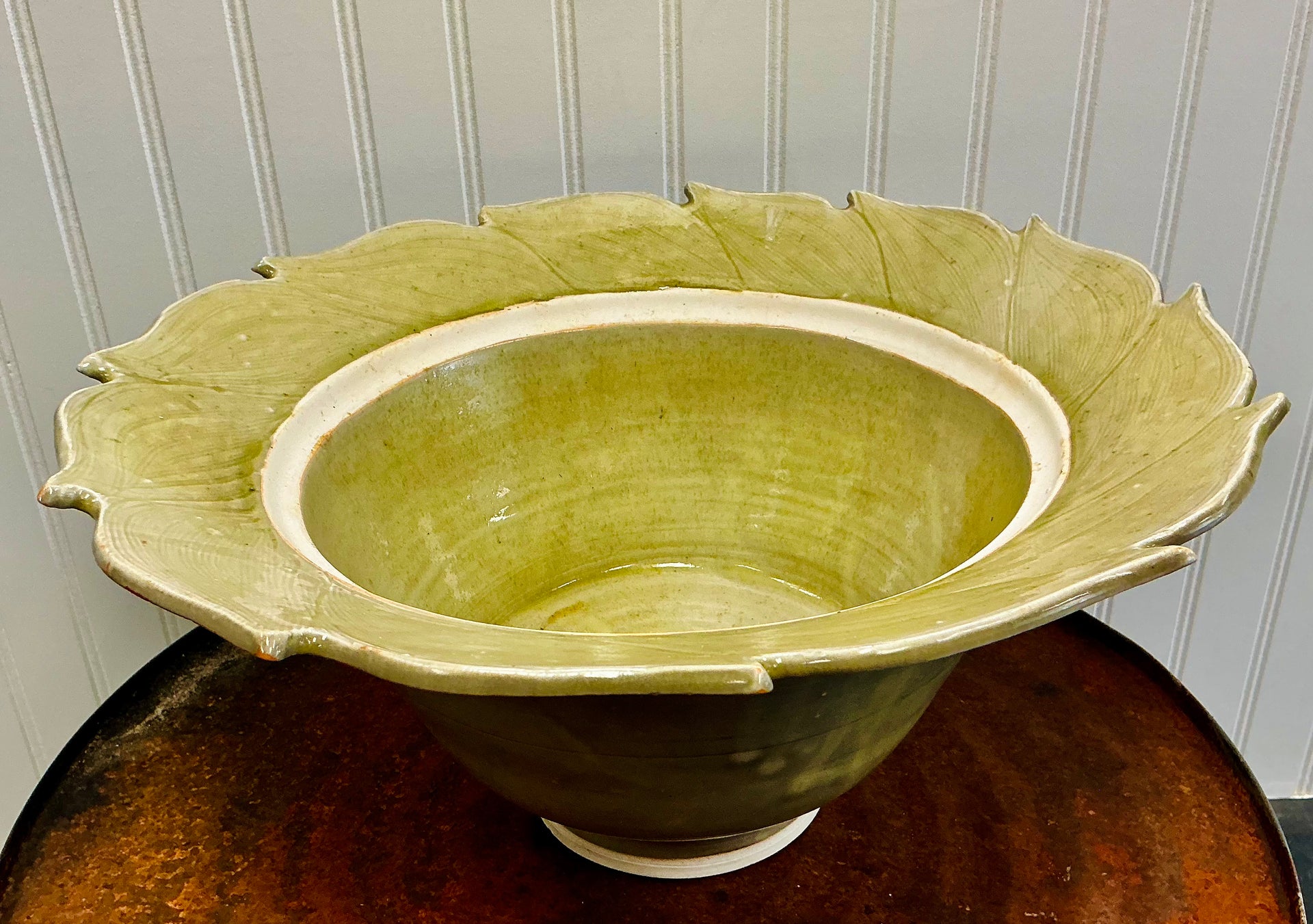 Large Handmade Green Ceramic Bowl with Leaf Pattern on Rim