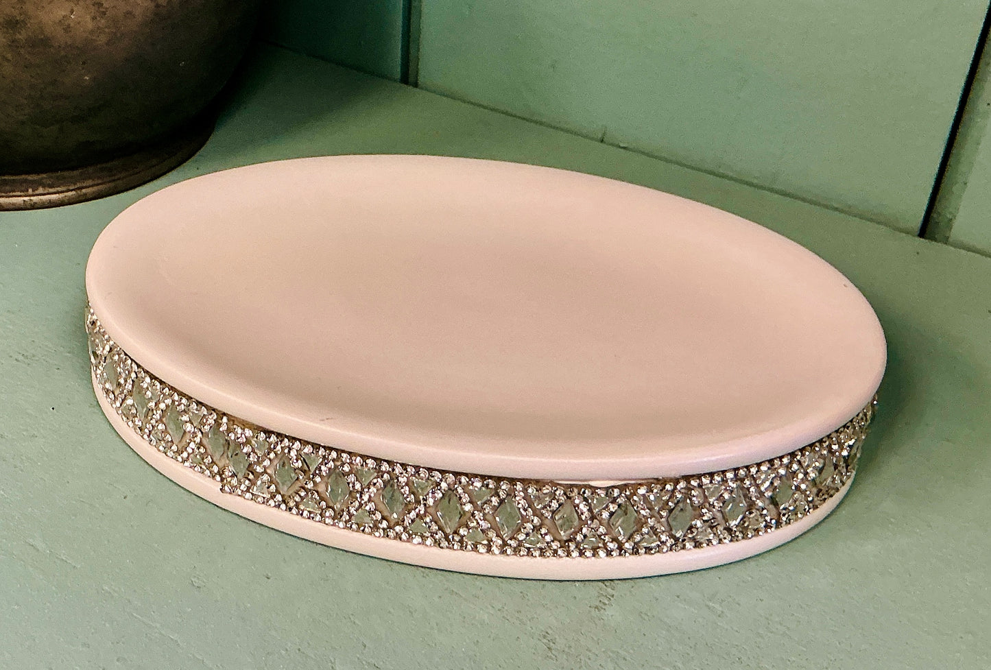 White Ceramic Oval Soap Dish with Rhinestone Trim