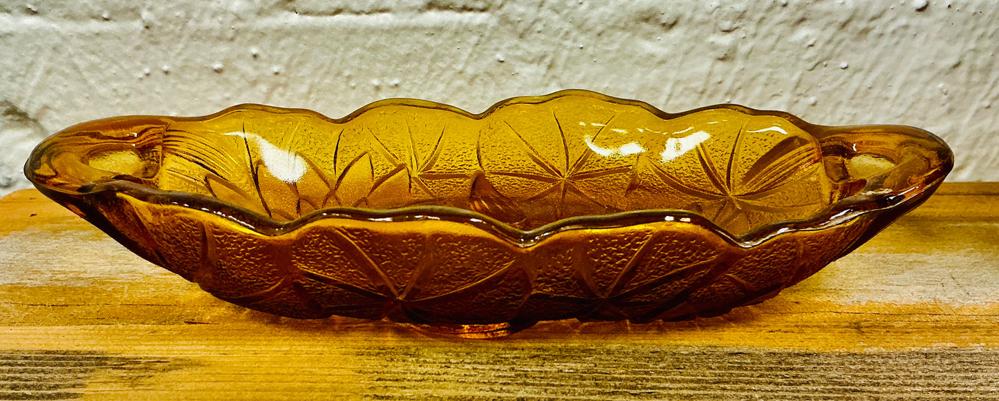 Vintage Indiana Glass Amber Carnival Lily Lotus Flower Oval Pickle Relish Dish