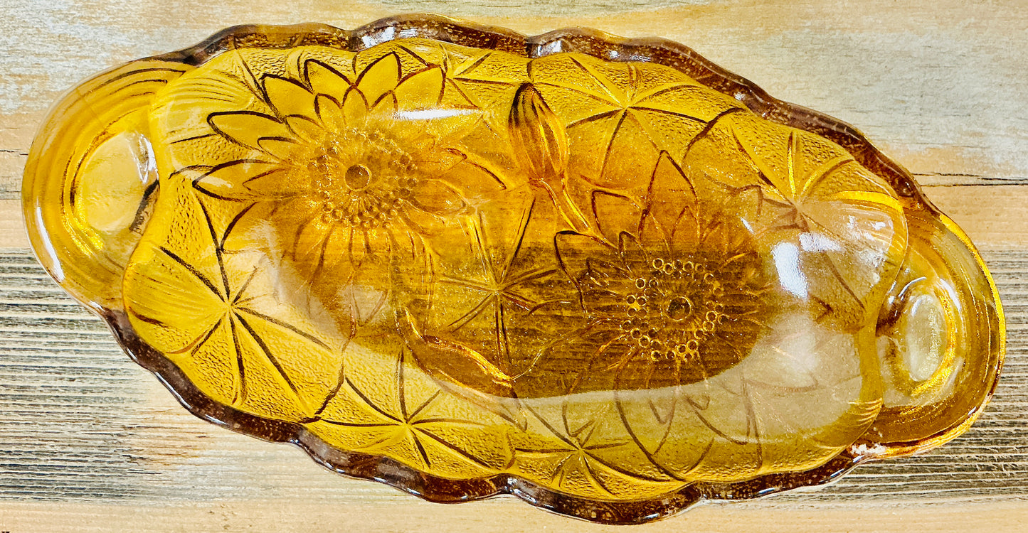 Vintage Indiana Glass Amber Carnival Lily Lotus Flower Oval Pickle Relish Dish