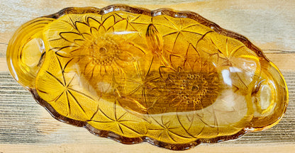 Vintage Indiana Glass Amber Carnival Lily Lotus Flower Oval Pickle Relish Dish