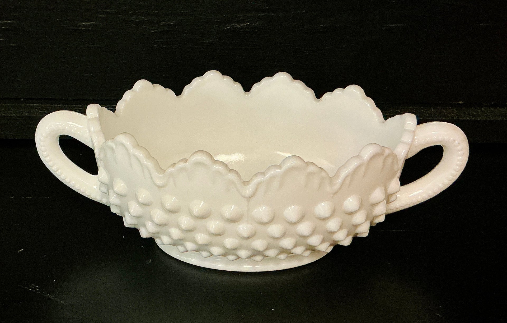 Vintage Fenton Hobnail Milk Glass Double-Handled Dish