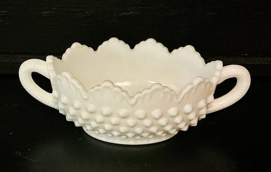 Vintage Fenton Hobnail Milk Glass Double-Handled Dish
