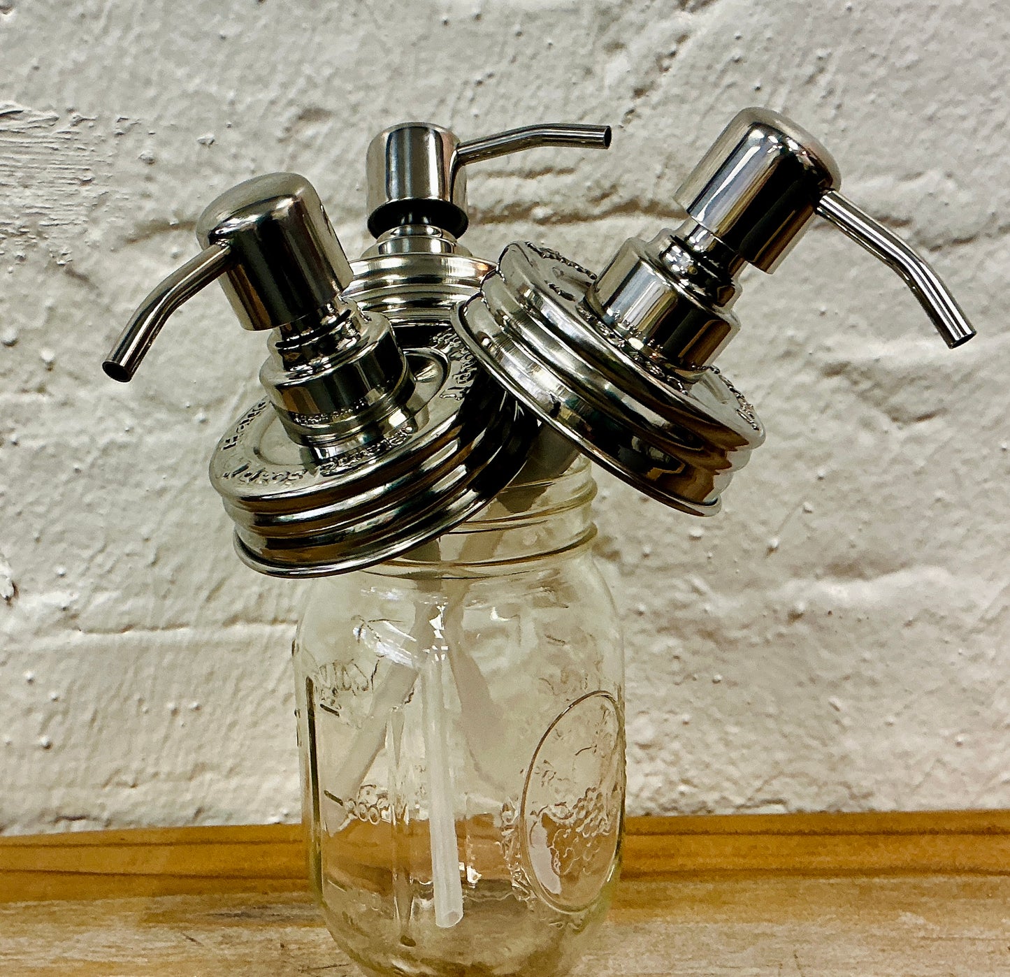 3 Piece Set of Mason Jar Pumps Embossed with "Dish Soap", "Hand Soap", and "Lotion"