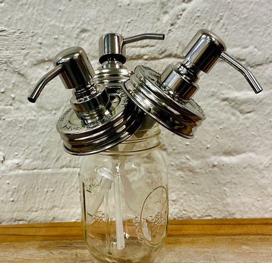 3 Piece Set of Mason Jar Pumps Embossed with "Dish Soap", "Hand Soap", and "Lotion"