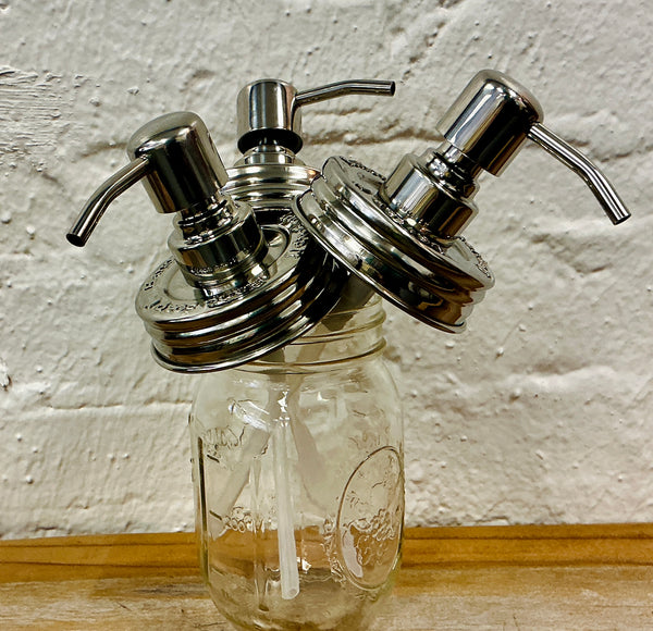 3 Piece Set of Mason Jar Pumps Embossed with "Dish Soap", "Hand Soap", and "Lotion"