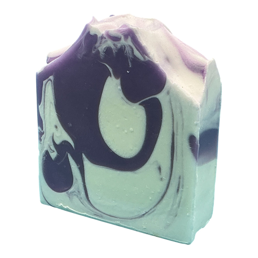 Lavender Lullaby handcrafted bar soap by Monticello Soap Company, soothing lavender bar with mica shimmer for evening wind-down.