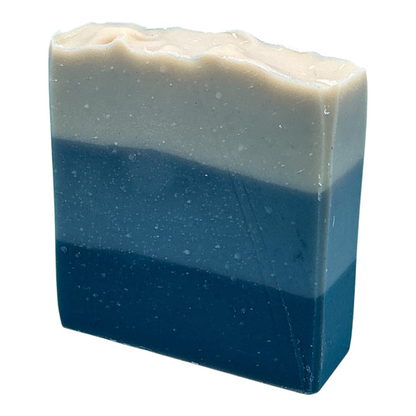 Kentucky Bourbon handcrafted bar soap by Monticello Soap Company, layered with natural blue indigo and bourbon notes of oak, leather, and orchid.