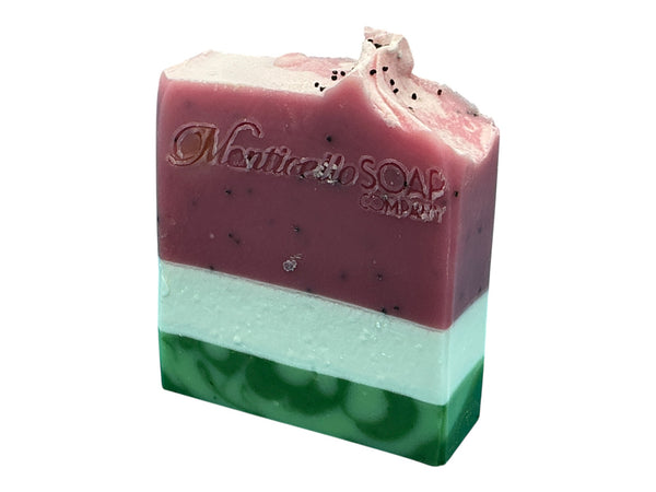 Monticello Watermelon Festival handcrafted bar soap by Monticello Soap Company, pink and green watermelon-inspired bar.