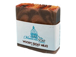 Woody Goat Milk handcrafted bar soap by Monticello Soap Company, top view showing handcrafted artisan finish.
