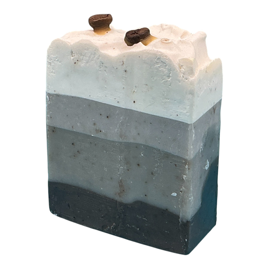 Coffee Shop handcrafted bar soap by Monticello Soap Company, dark exfoliating bar with real coffee grounds and brewed coffee scent.
