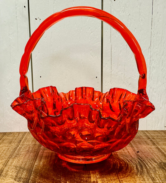 Vintage Amberina Red Orange Ruffles Edged Thumbprint Glass Basket