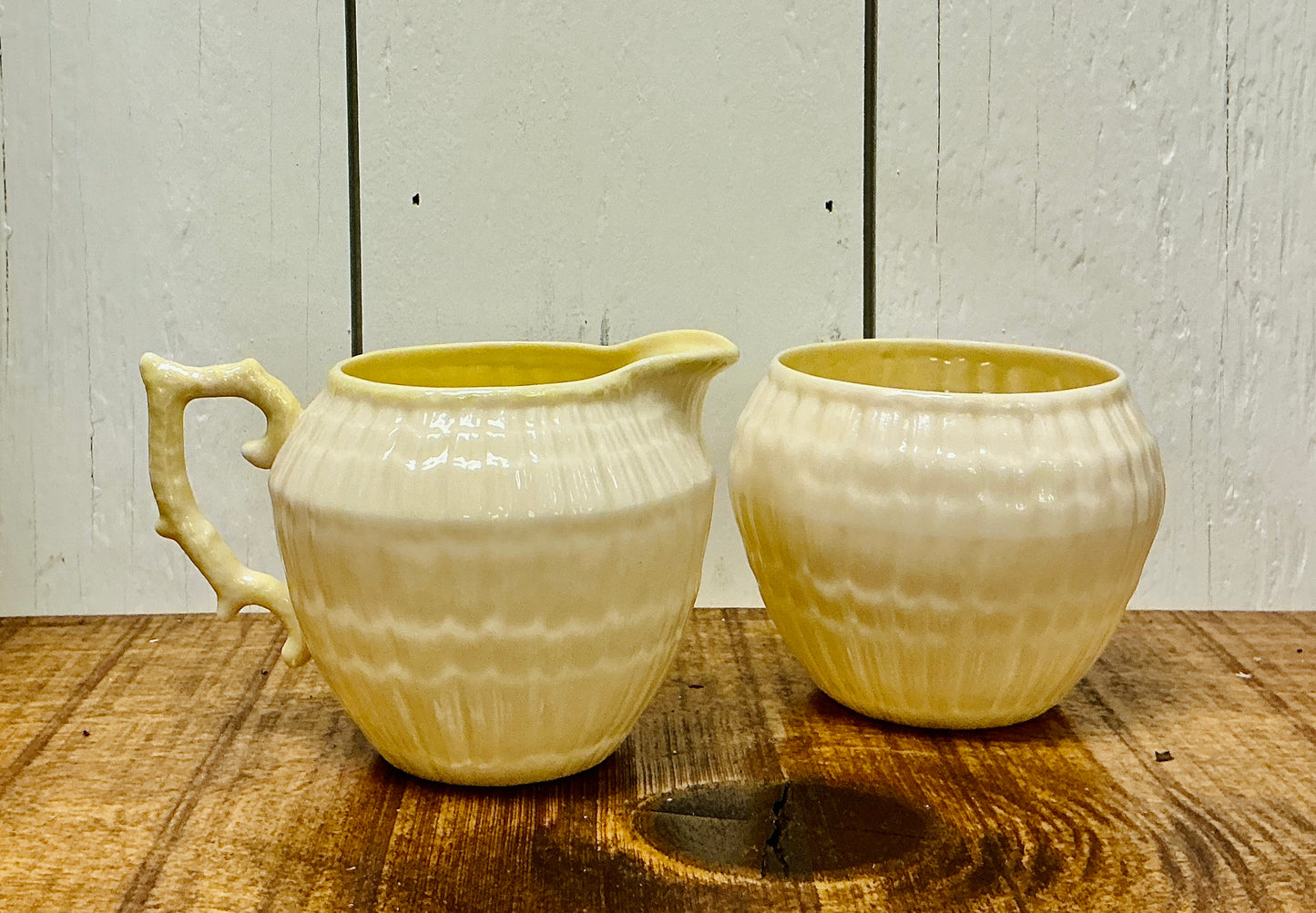 Belleek Limpet Yellow Luster Creamer & Sugar Bowl